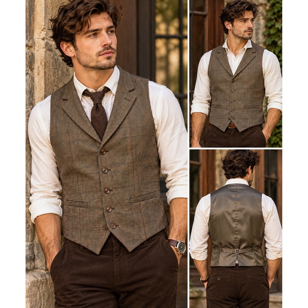100% Wool Houndstooth Suit Vest Brown Lapel Waistcoat Mens S Old Money Heritage